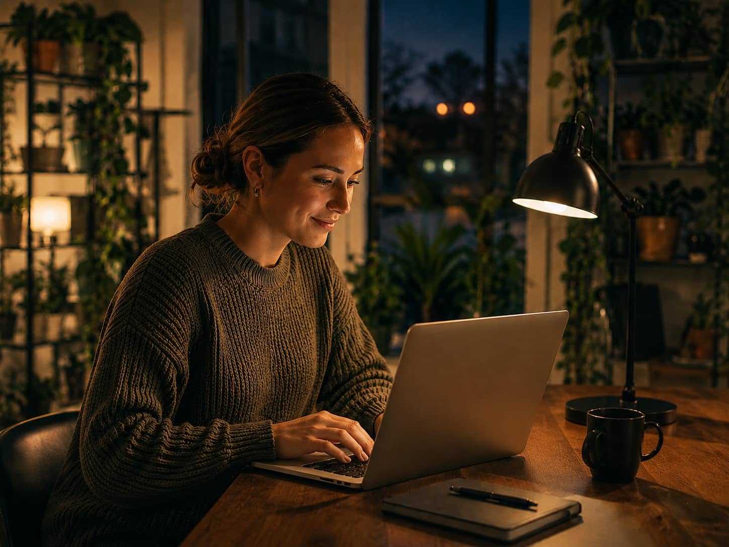 Småföretagare som sätter upp sin Skaala AI Receptionist på laptopen i kvällsljus