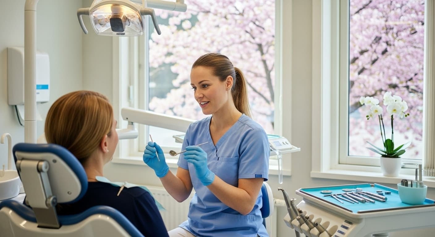 Tannlegeklinikk i Norden — pasient og hygienist i lyst, profesjonelt miljø