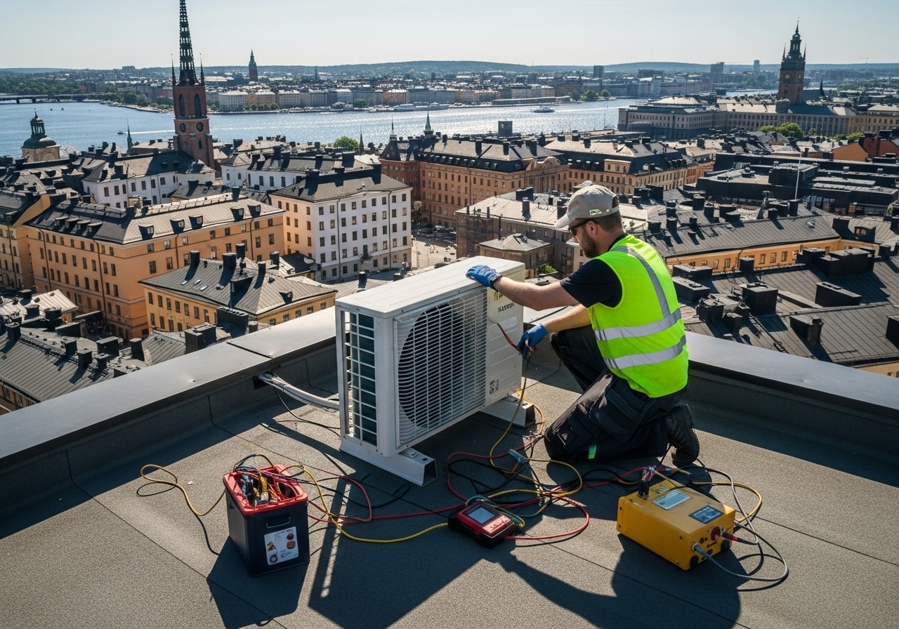 HVAC technician servicing rooftop equipment while Skaala answers incoming calls