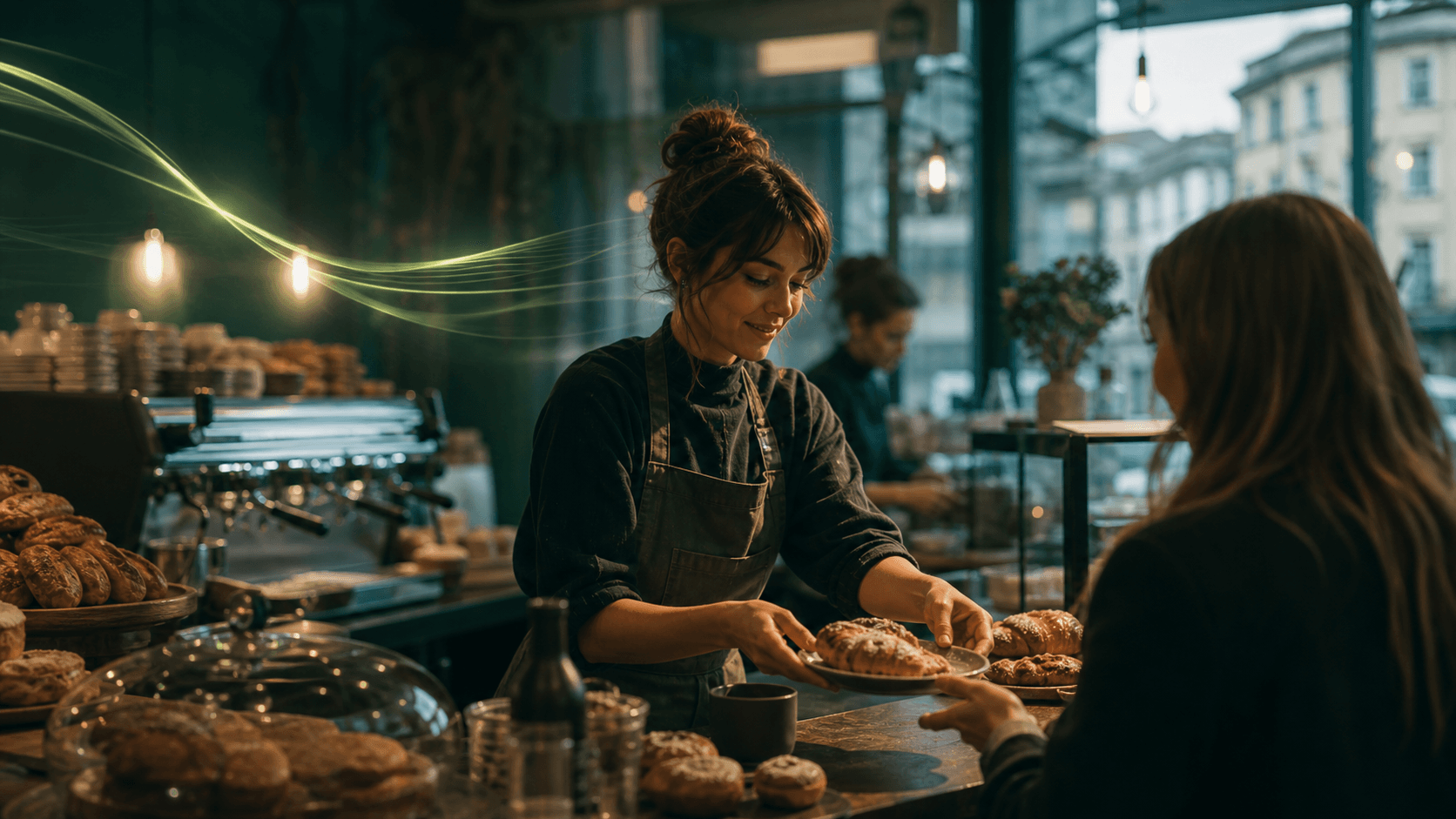 Bakery owner serving a customer while Skaala handles calls in the background