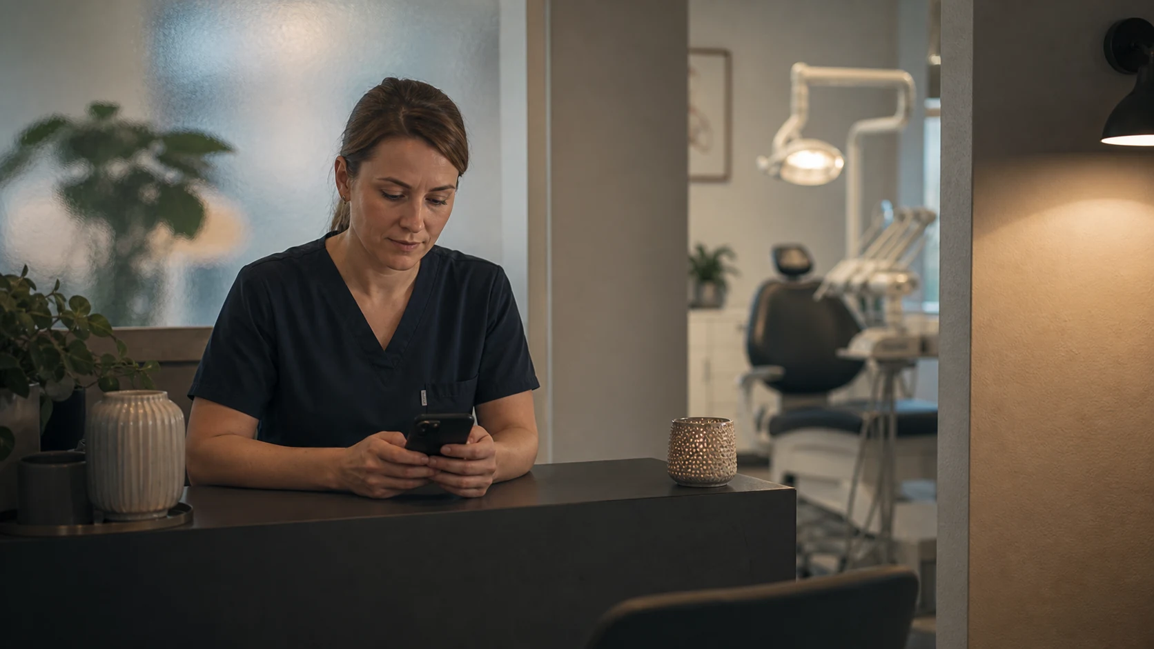 Generated editorial scene of a small-business owner using AI call screening