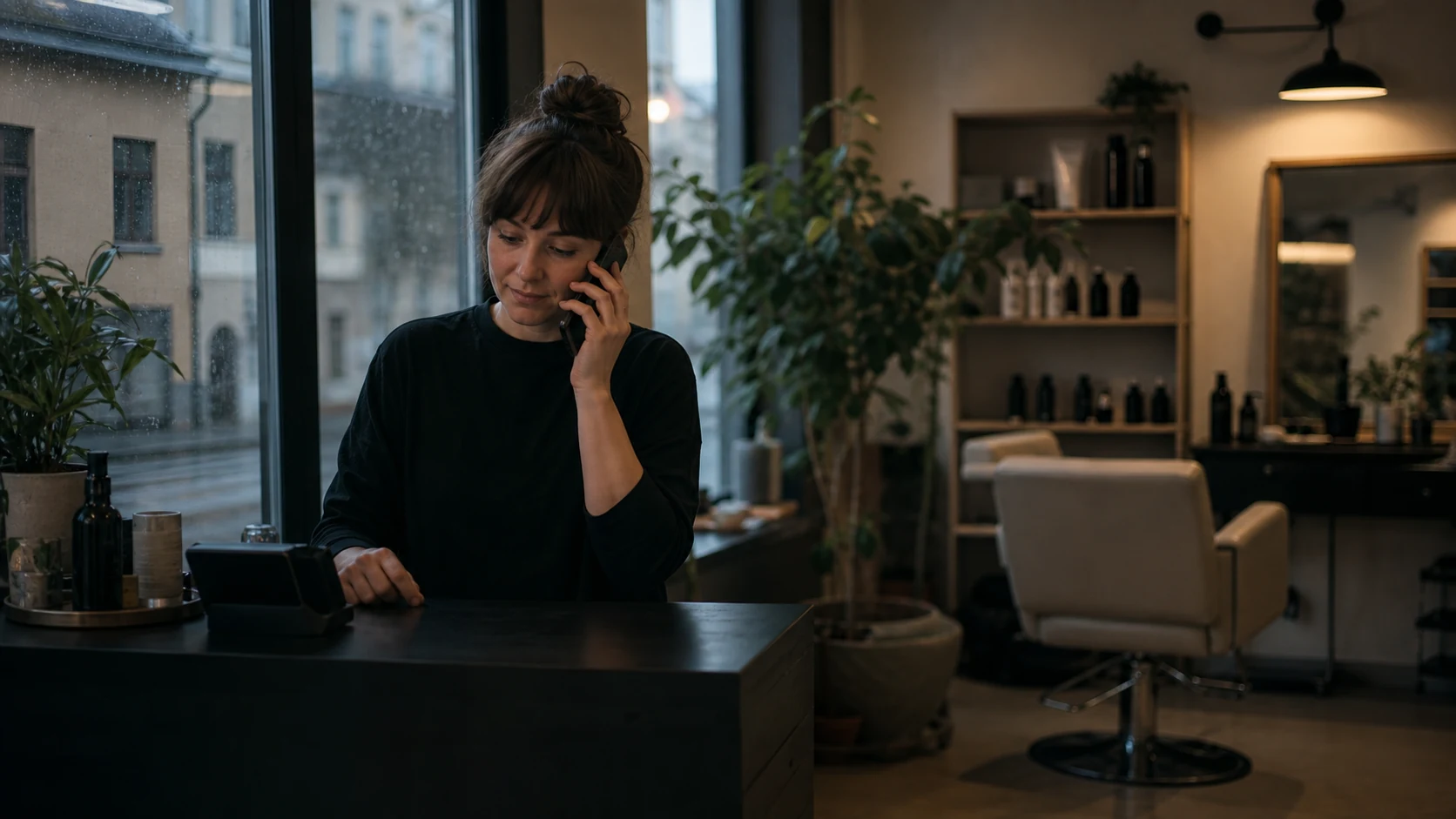 Generated editorial scene of an owner receiving a call summary from an AI receptionist