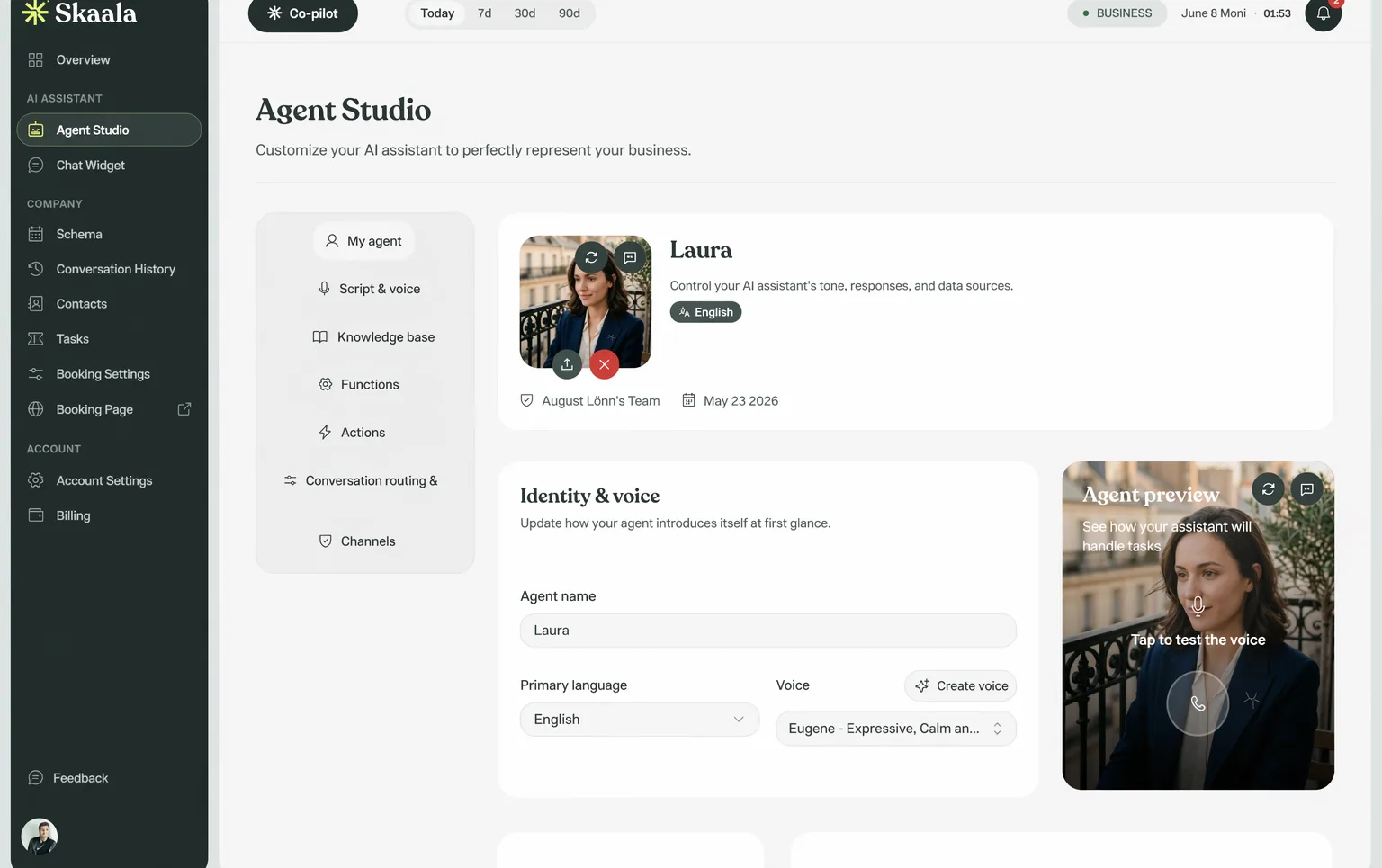 Agent Studio screen showing the Laura agent identity and voice configuration