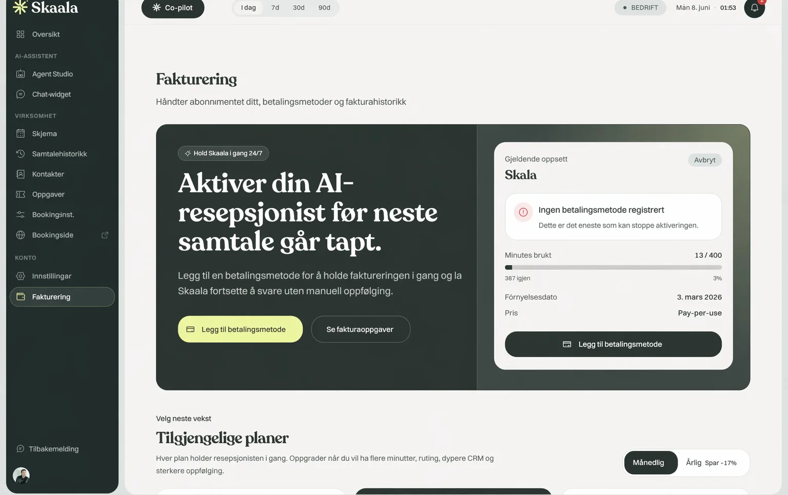 Skaala Fakturering med abonnement, betalingsmetode og fakturahistorikk