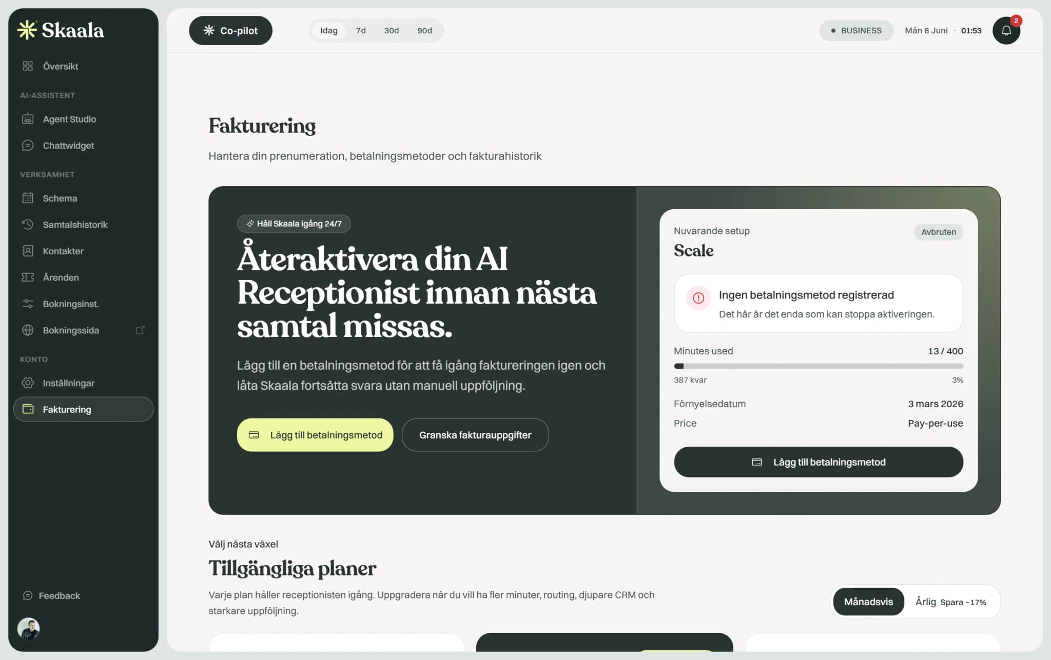 Skaalas Fakturering med abonnemang, betalningsmetod och fakturahistorik