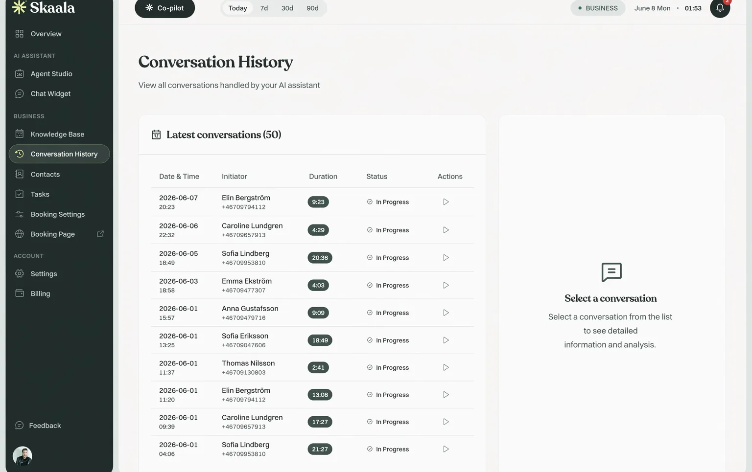 Skaala call history screen listing recent calls with caller names, durations, and a successful status