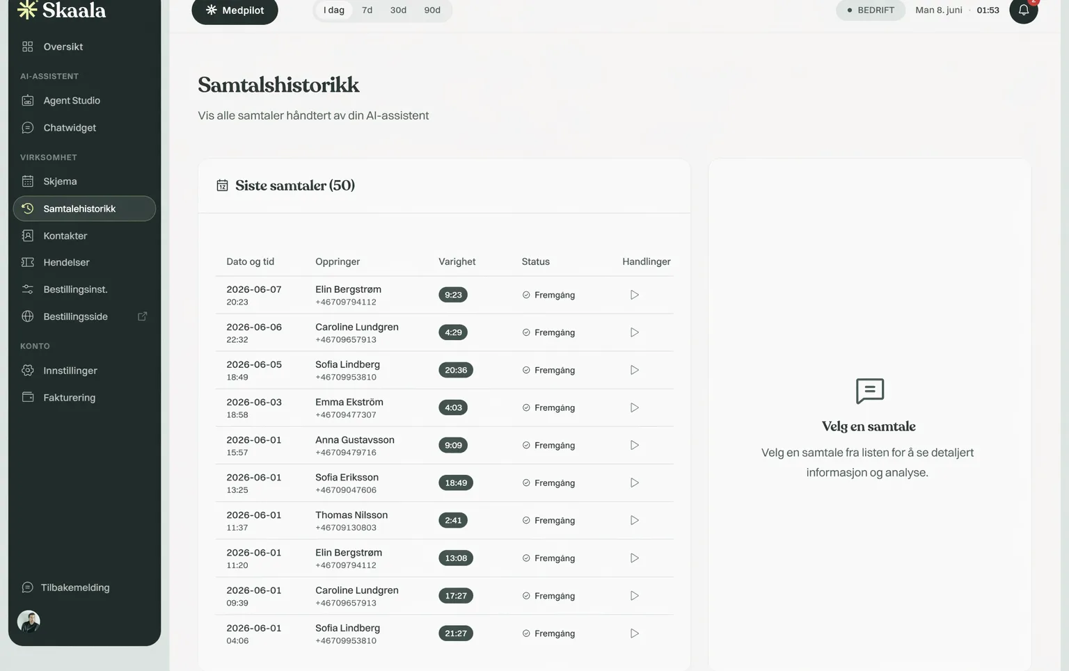 Skaala samtalehistorikk med nyeste samtaler, navn på de som ringte, varighet og status Framgang
