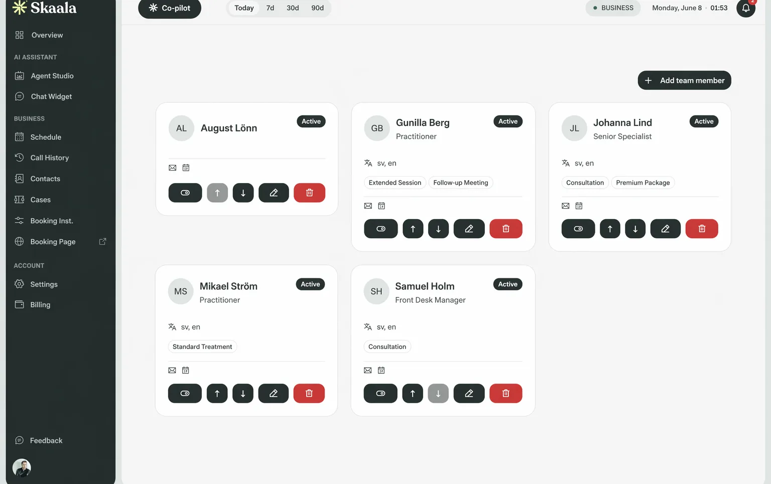 Skaala staff management screen showing team member cards with services and languages
