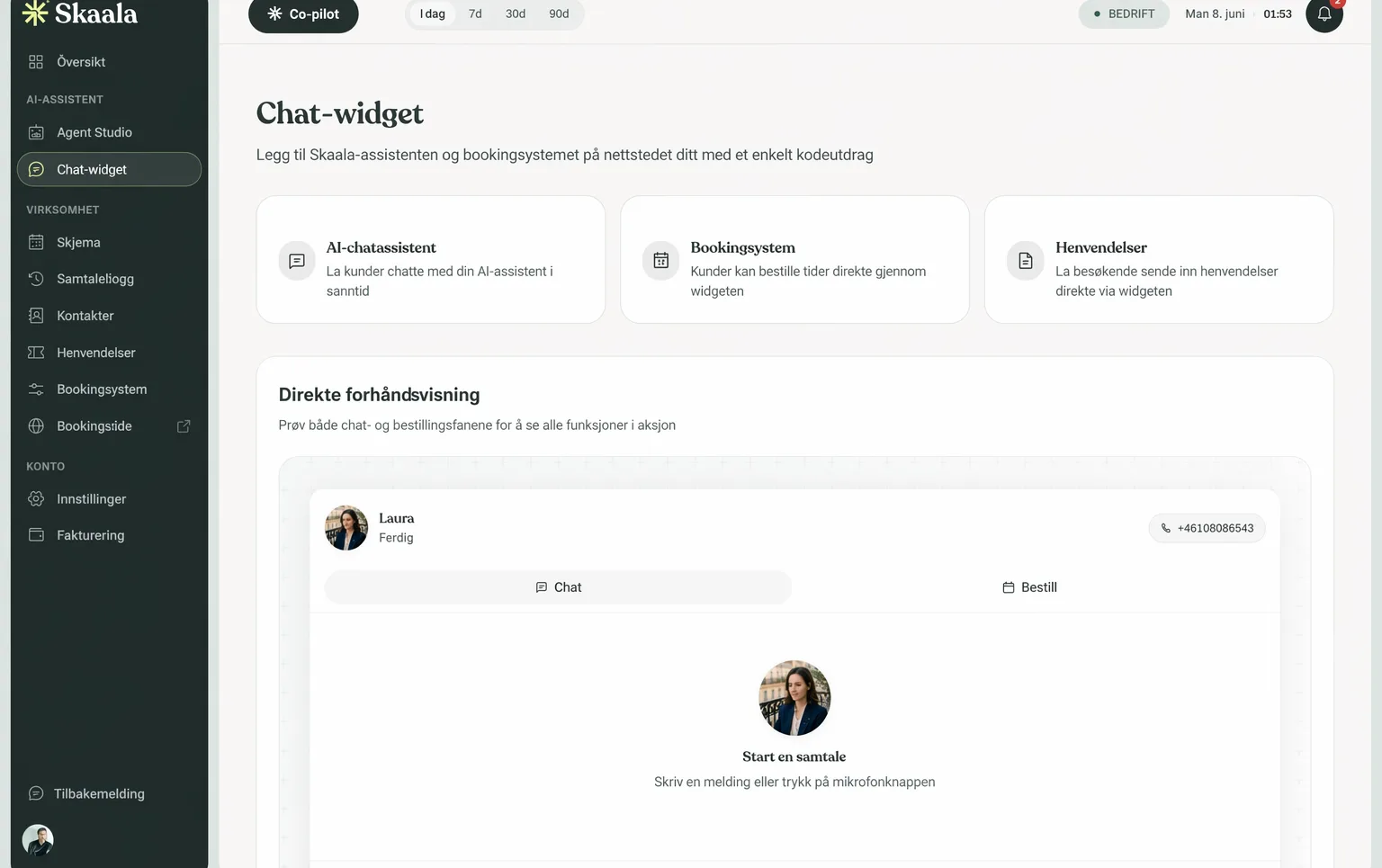 Skaalas Nettprat i dashbordet med den innebyggbare chat- og bookingwidgeten og liveforhåndsvisning