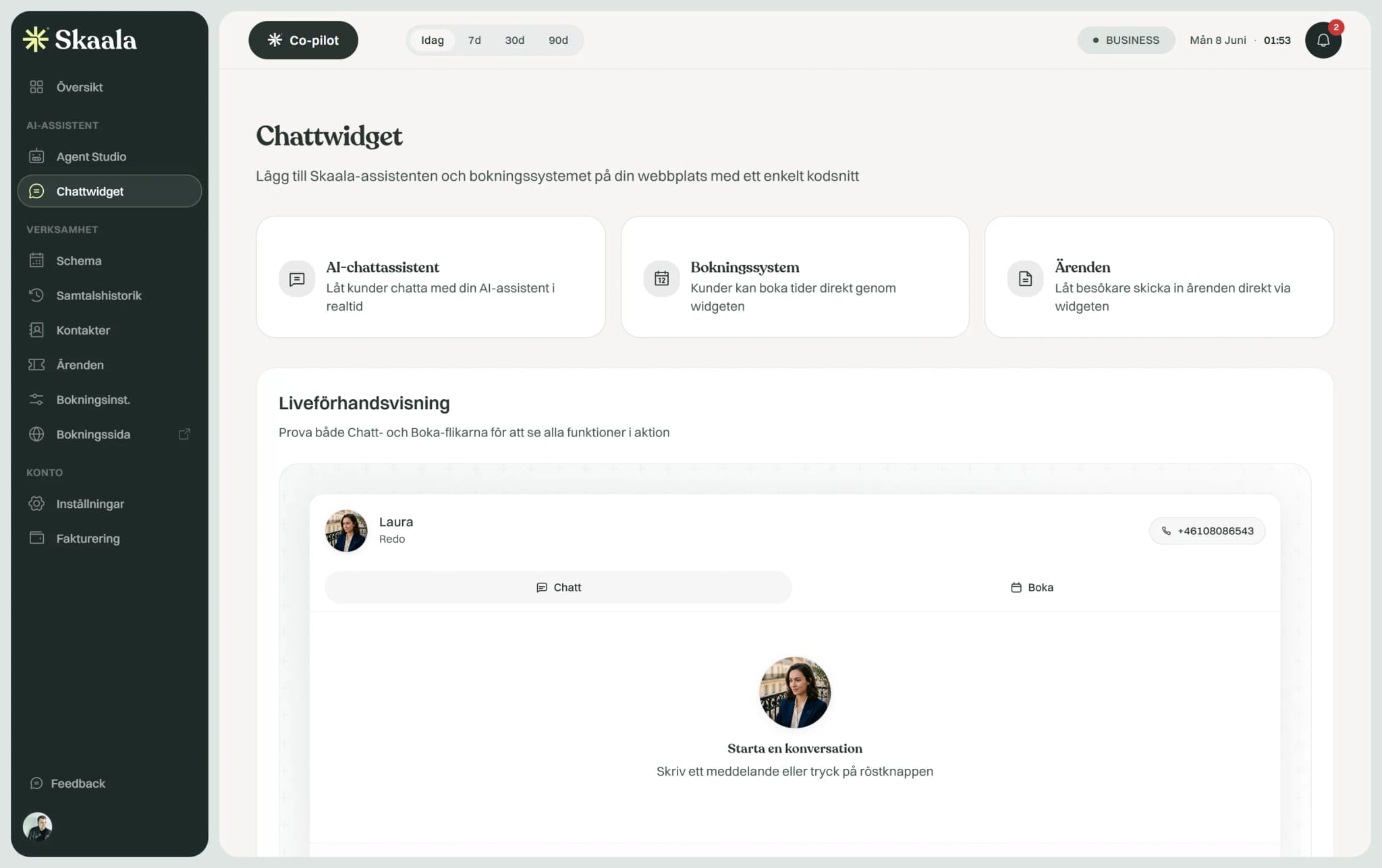 Skaalas Chattwidget i instrumentpanelen med den inbäddningsbara chatt- och bokningswidgeten och liveförhandsvisning