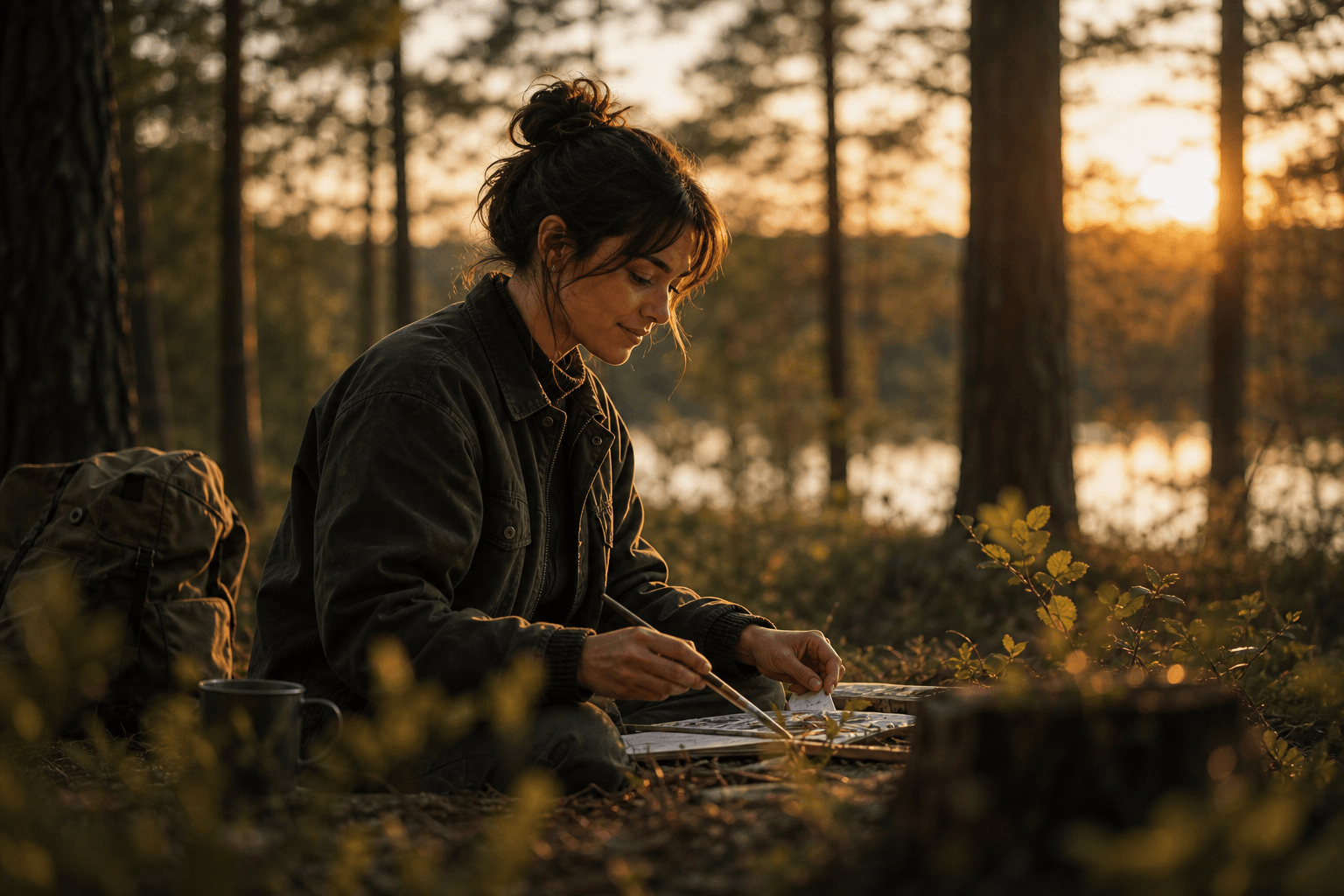 Owner sketching plans by a Nordic lakeside in late-afternoon sun