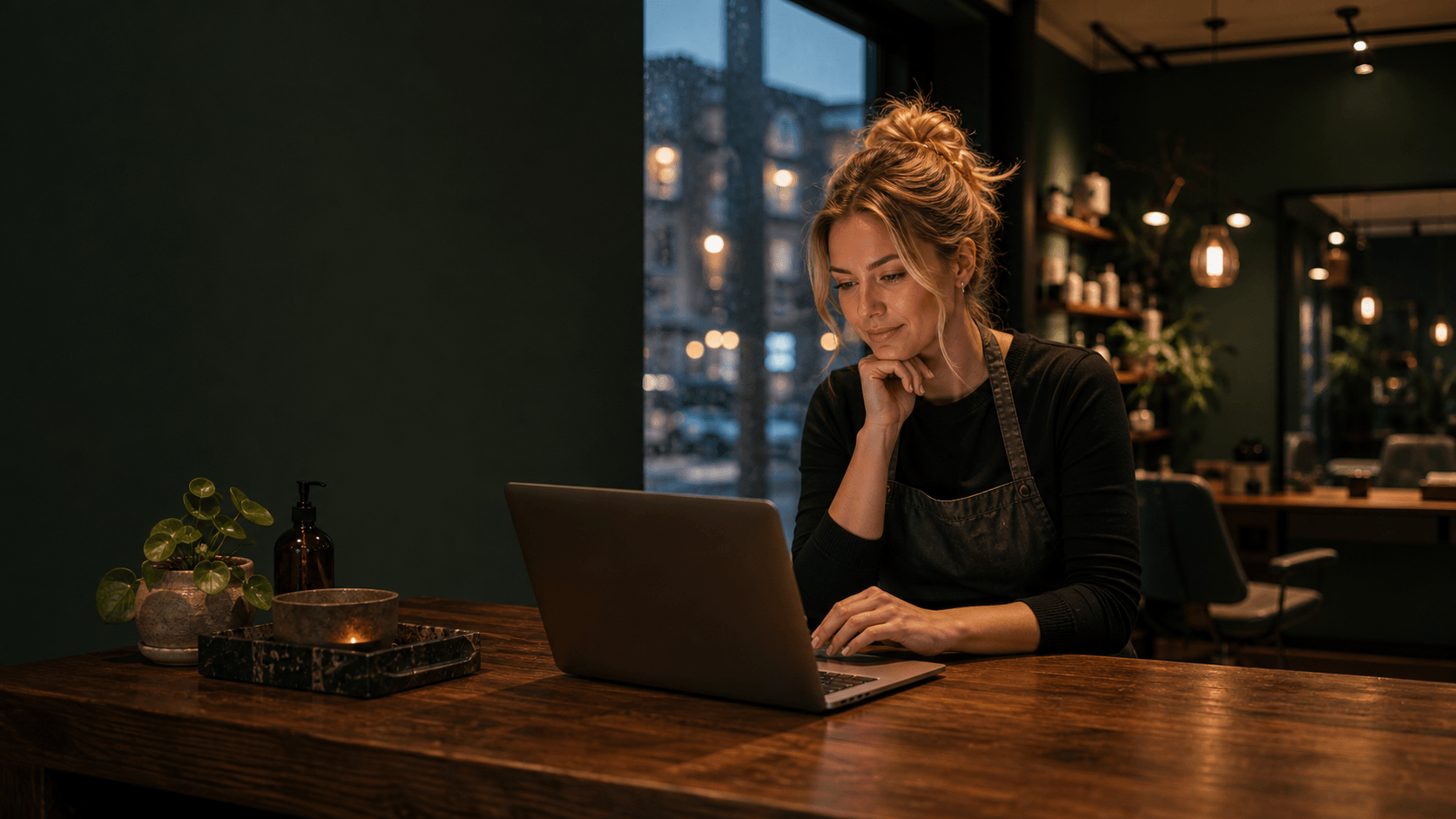 Operator working calmly at a laptop in a moody, lamplit café