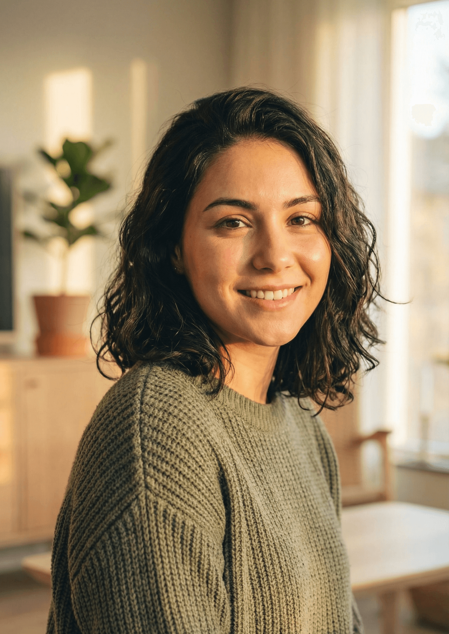 Small-business owner with a warm, open smile beside a houseplant in soft window light