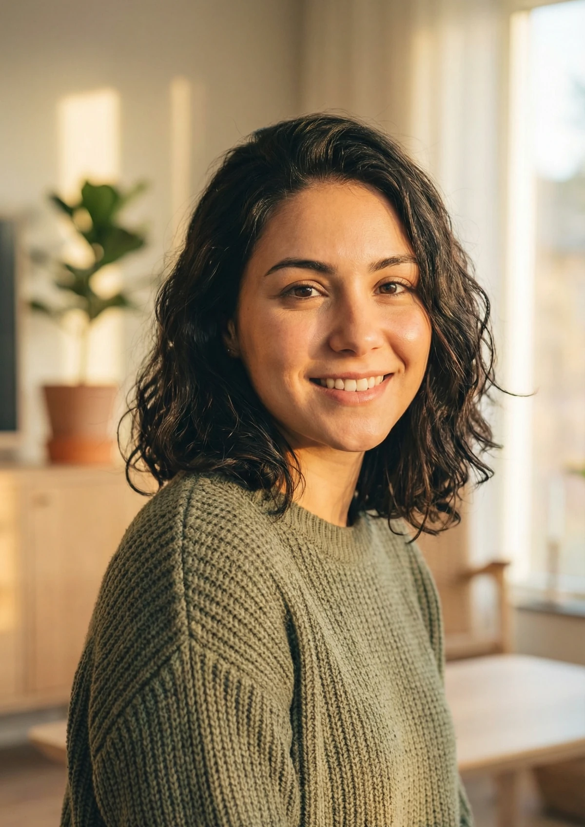Small-business owner with a warm, open smile beside a houseplant in soft window light