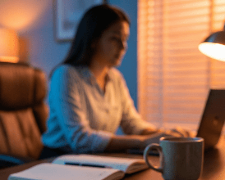 Operations lead at a desk reviewing a phone with the lamp catching the screen