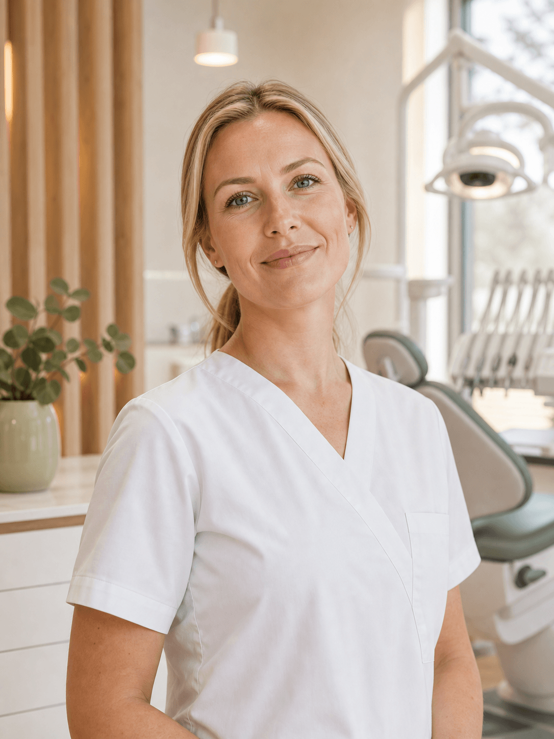 Dentist in white scrubs standing in a bright Scandinavian clinic