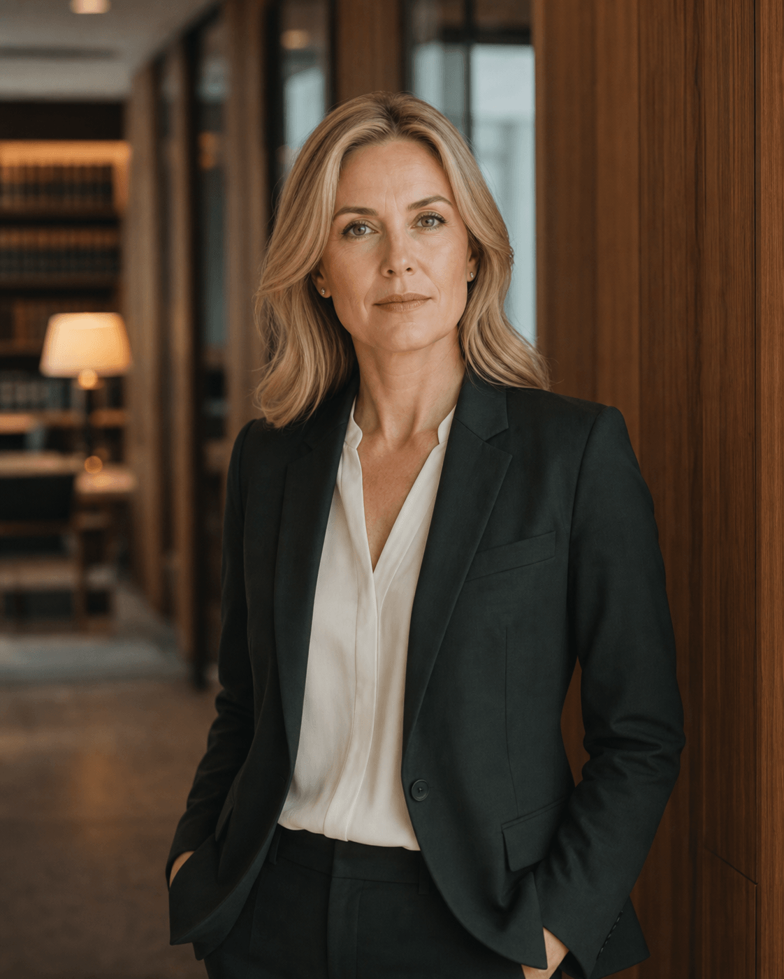 Attorney in a tailored blazer standing in a warm wood-panelled law office