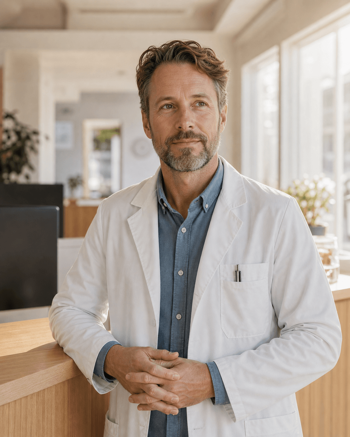 General practitioner at a warm clinic reception desk in soft daylight
