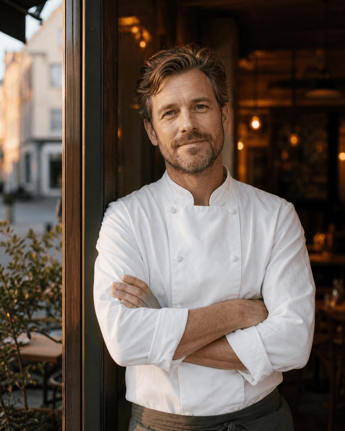 Chef-owner standing in the doorway of a small Nordic bistro at golden hour