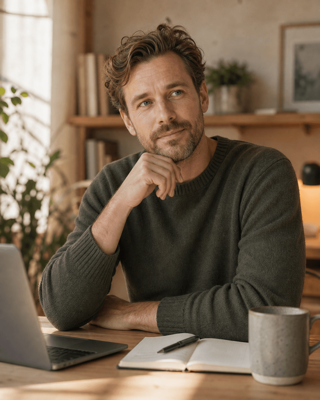 Small-business operator listening at a wooden desk in a sun-lit room