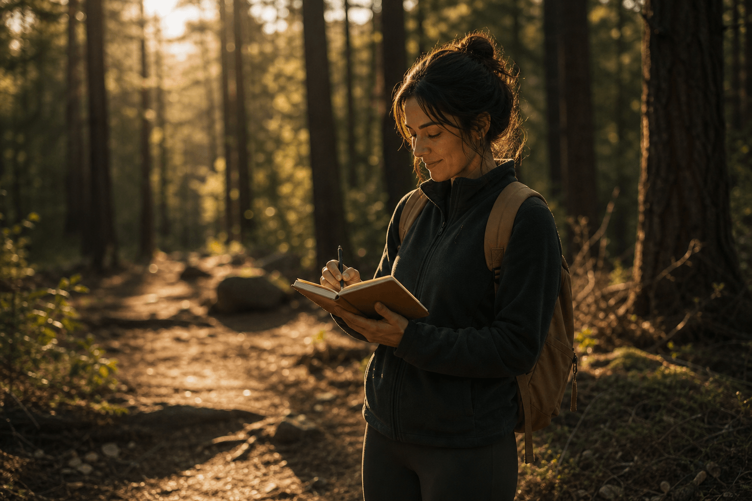 Reader writing in a notebook by a Nordic lake at sunset