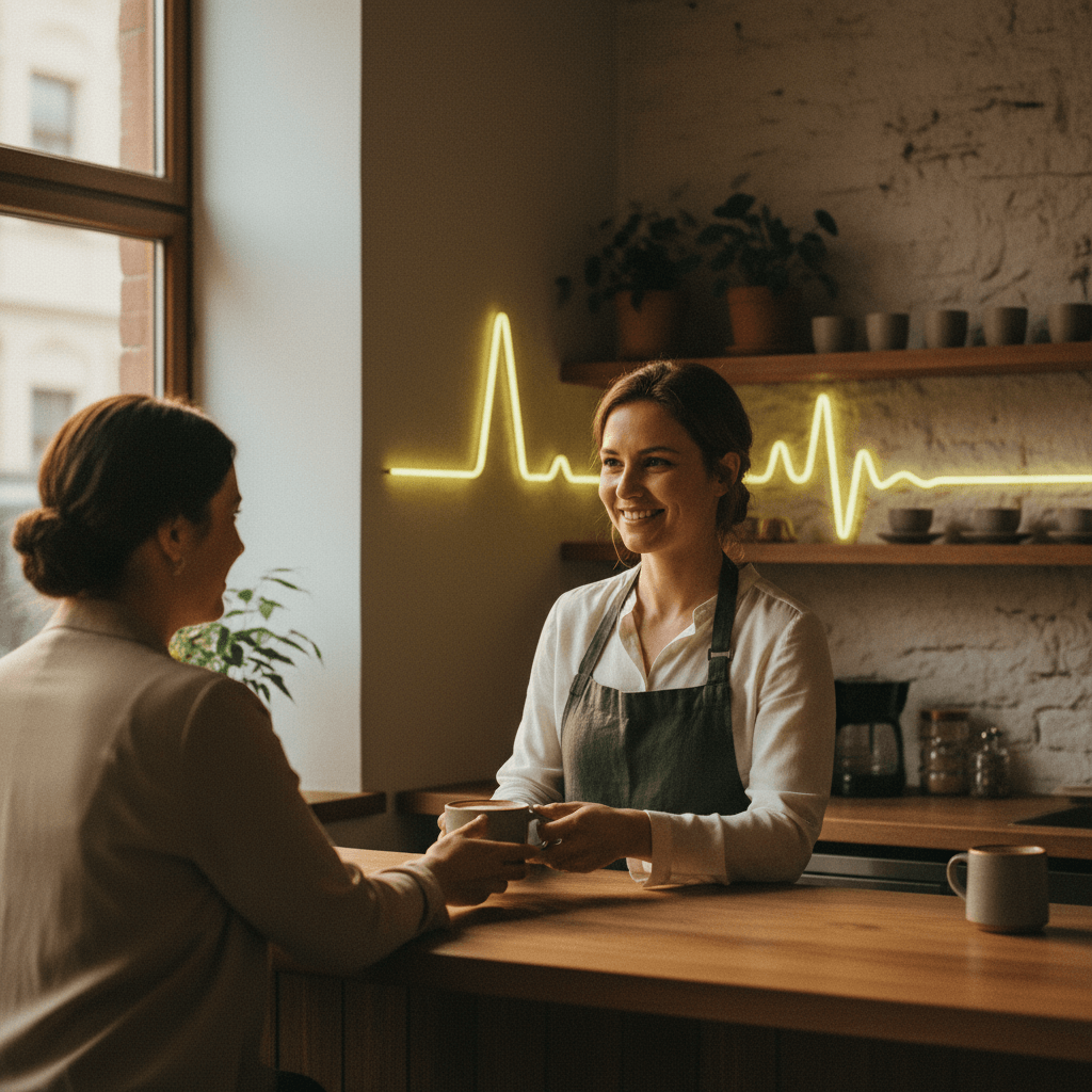 Small-business owner sharing a coffee with a customer at the counter while a stylised green voice waveform glows above them