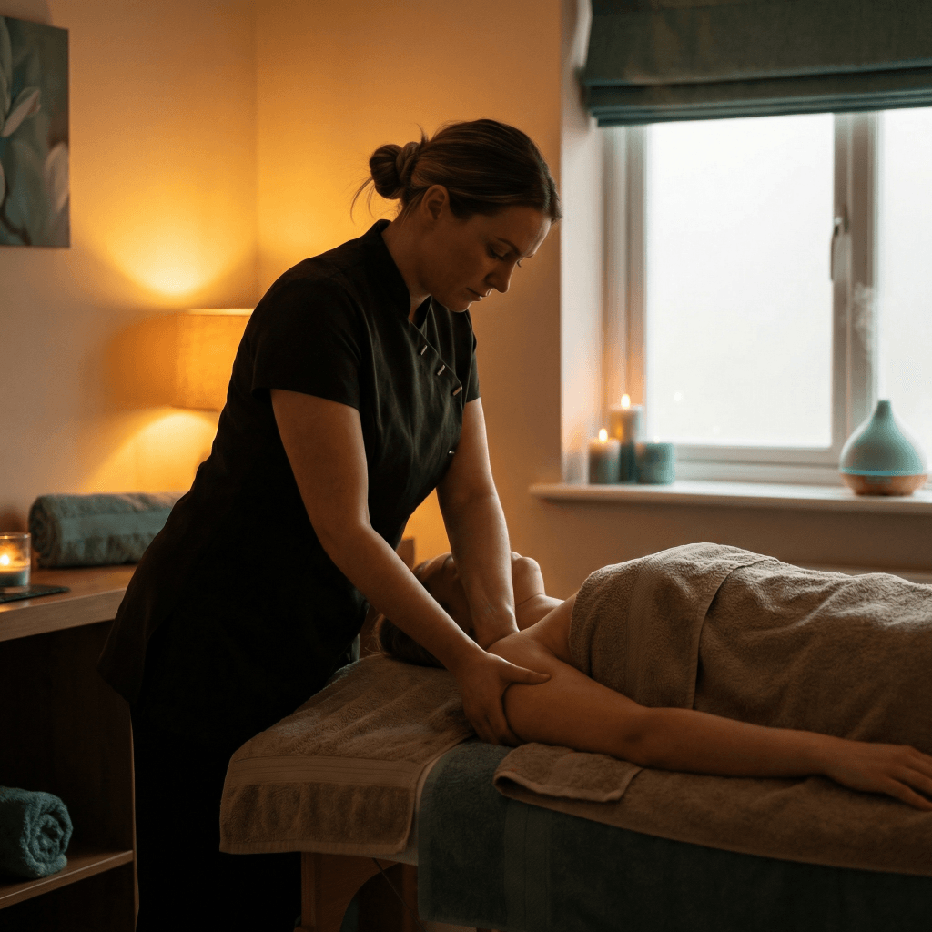 Massage therapist quietly focused on her client in a candlelit treatment room