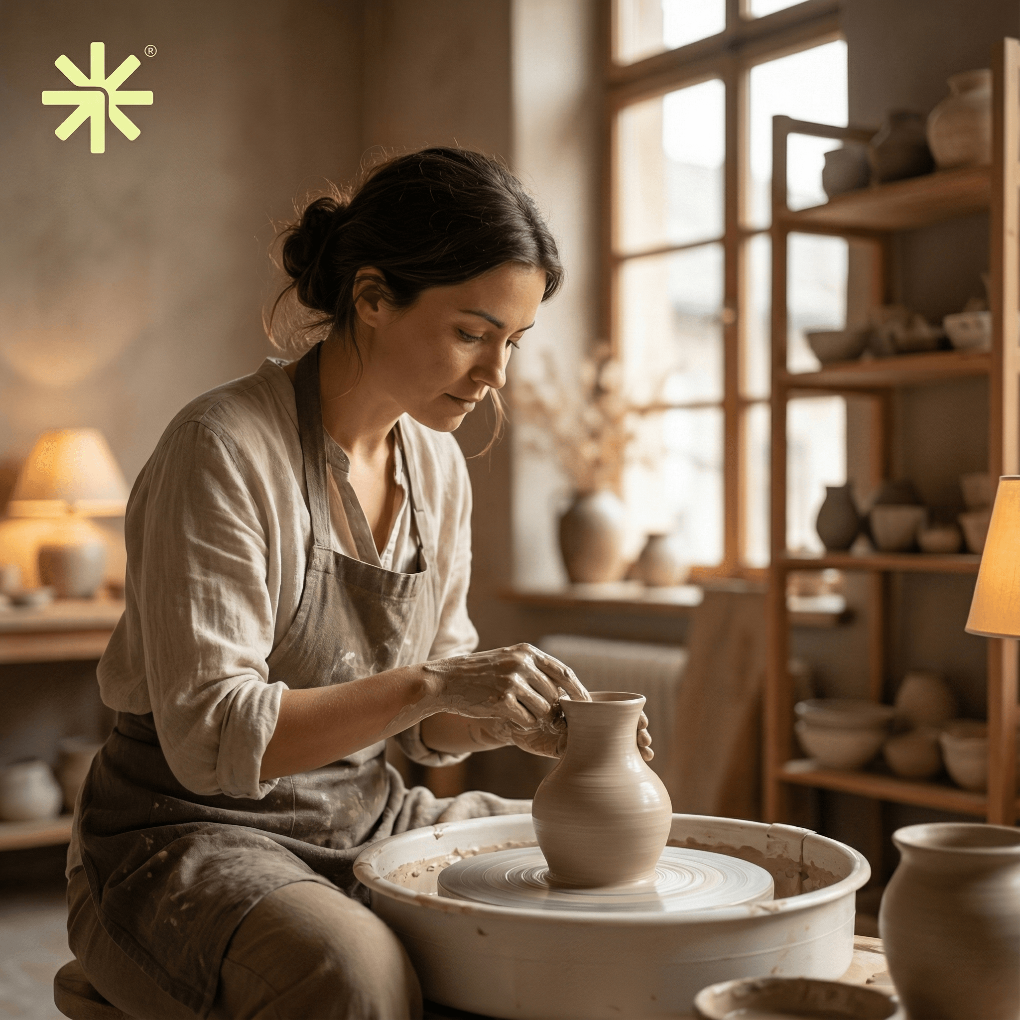 Potter at her wheel in a sun-lit studio, the Skaala asterisk mark in the corner of the frame