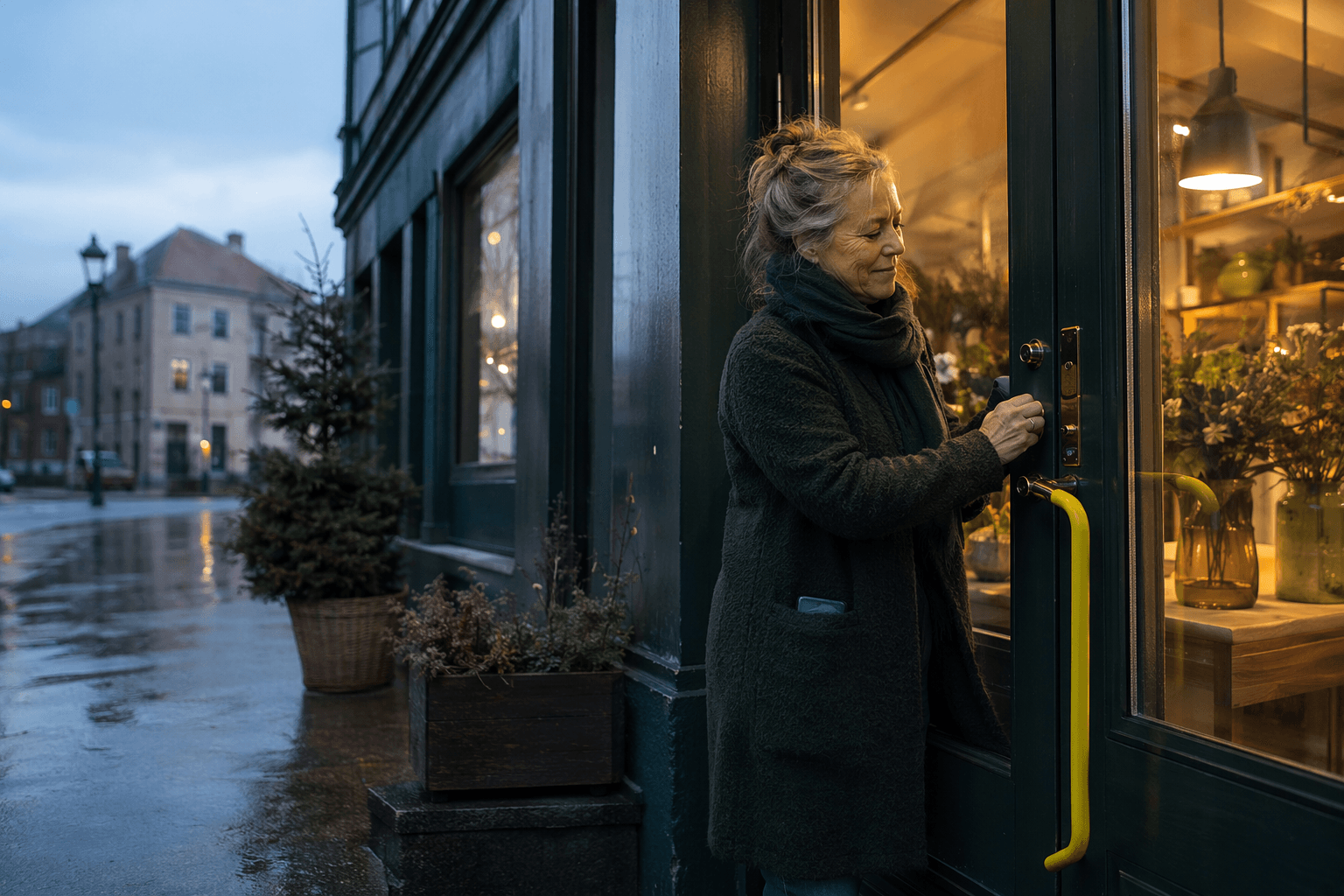 Småbedriftseier låser butikken i skumringen mens anropene fortsatt besvares