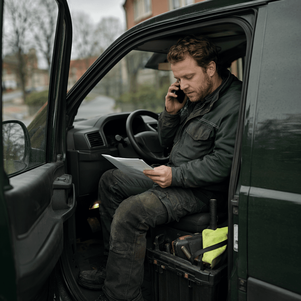 Technician in his van taking a transferred call with the request already summarized