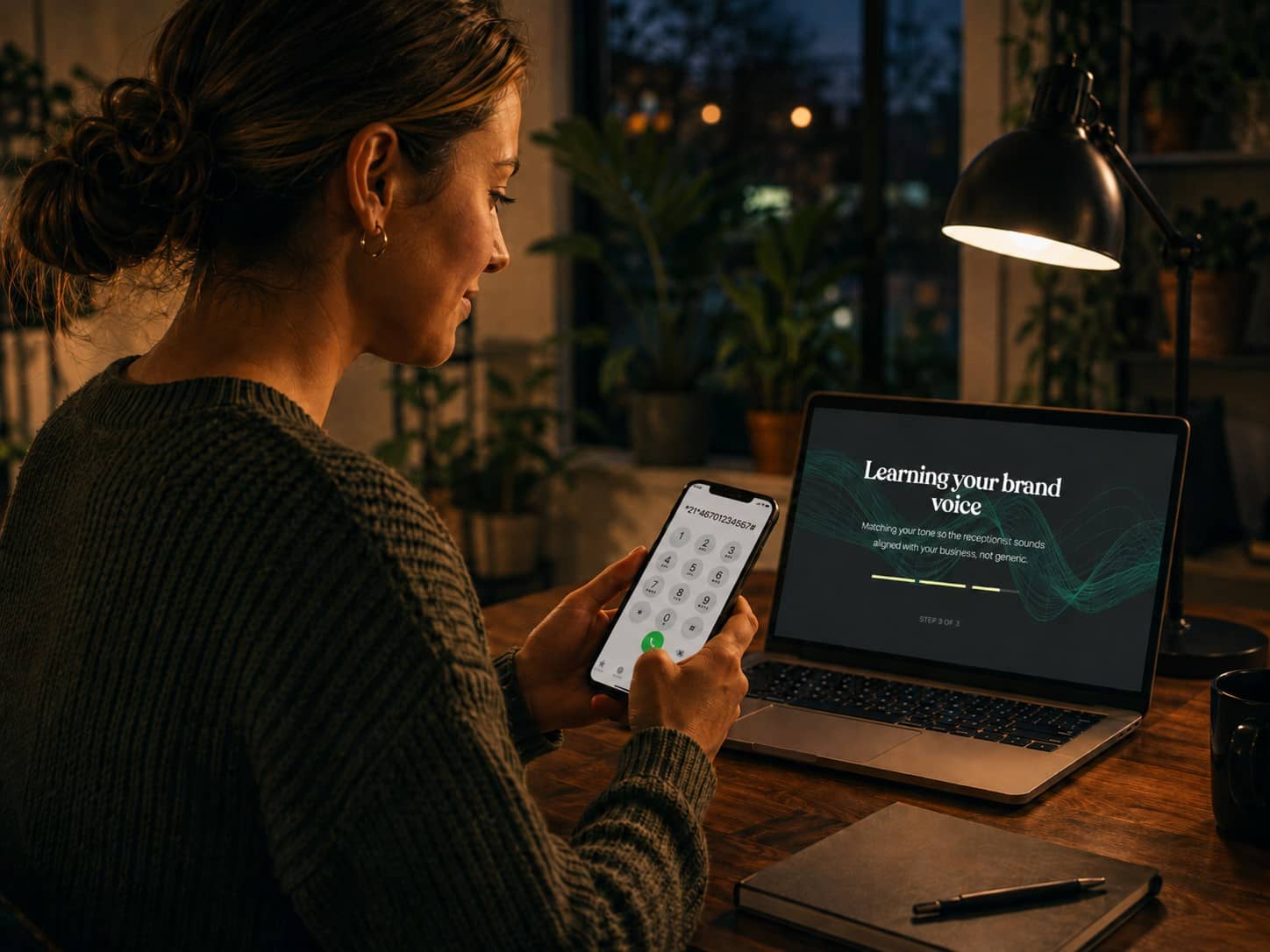 Small business owner dialing the call-forwarding code on her phone to send incoming calls to her Skaala AI receptionist