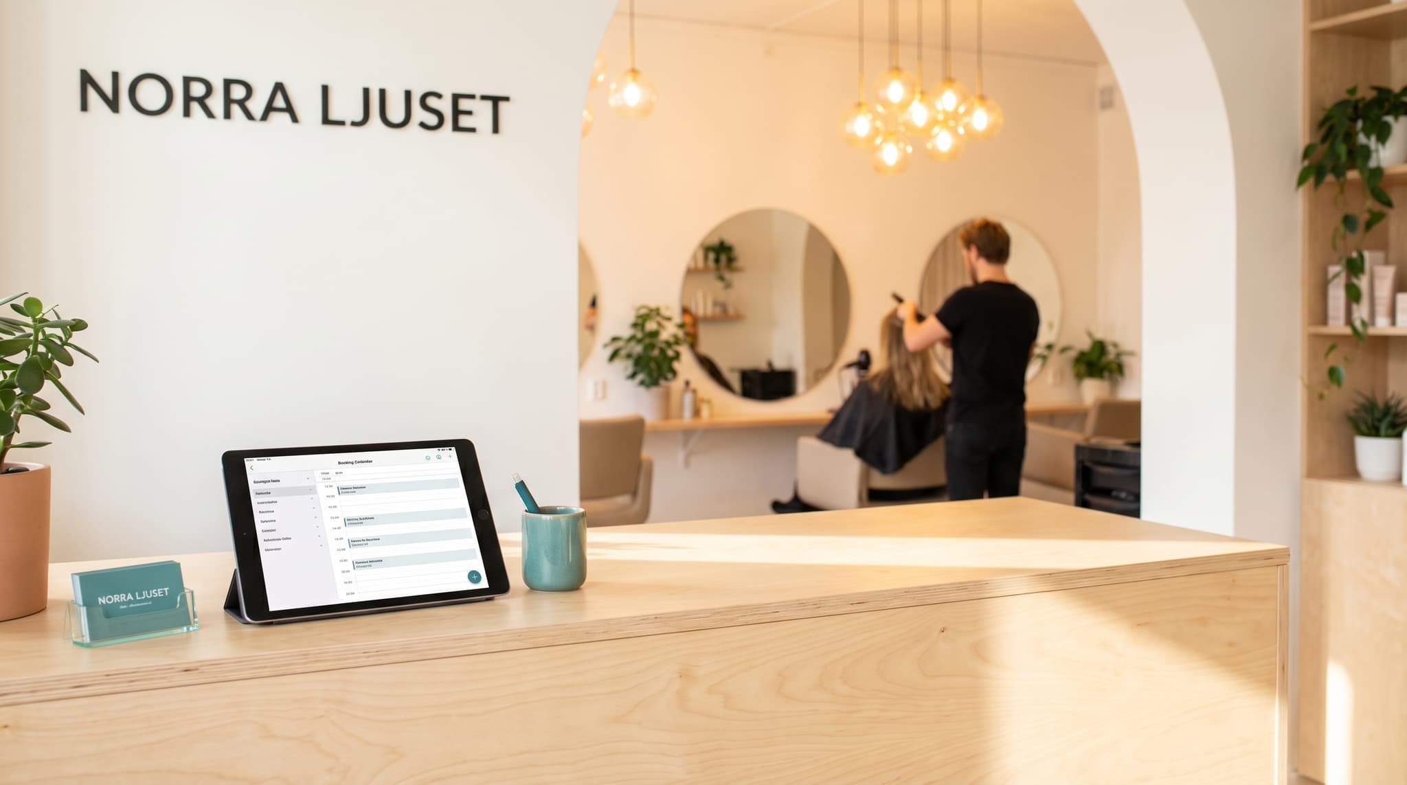 Salon receptionist managing bookings on tablet