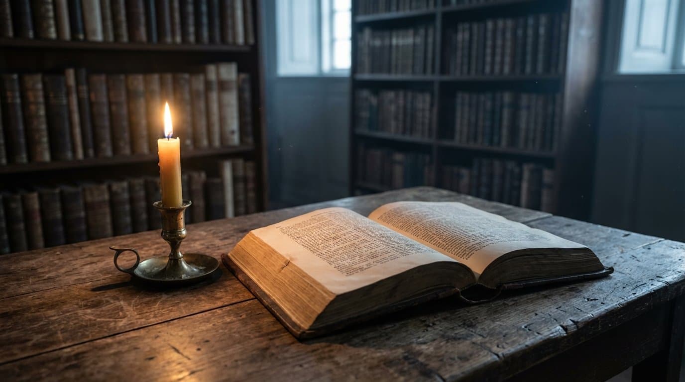 Books and glossary pages with warm lighting