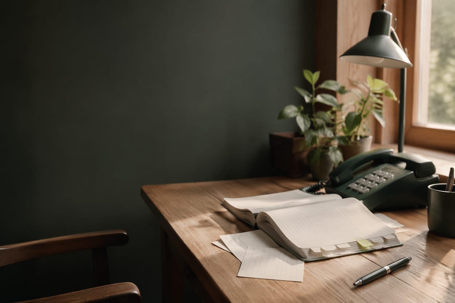 Open reference notebook with index tabs beside a desk phone on a warm Nordic oak desk