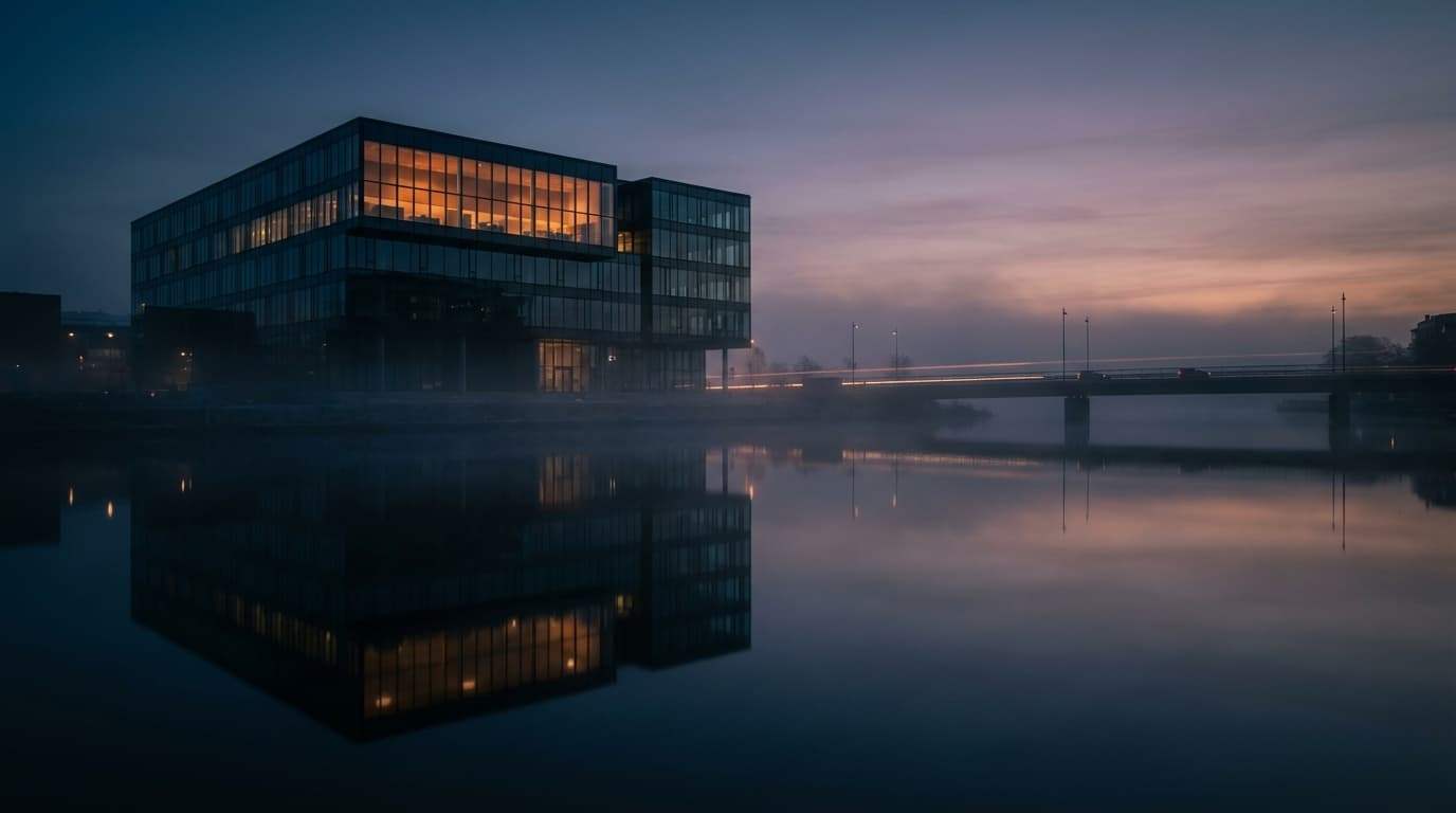 Stockholm skyline at golden hour from high-rise office