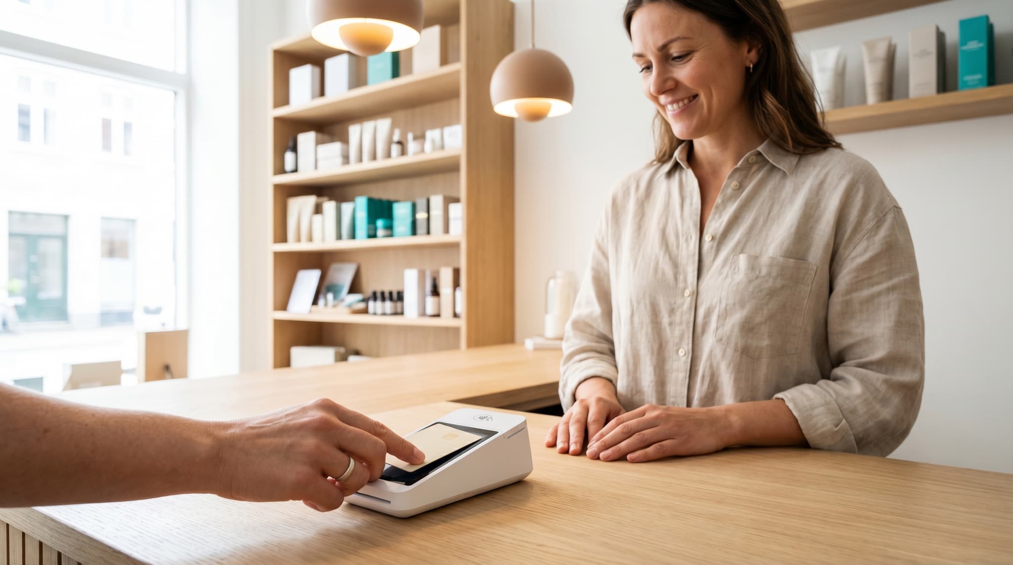 Customer paying at Scandinavian boutique