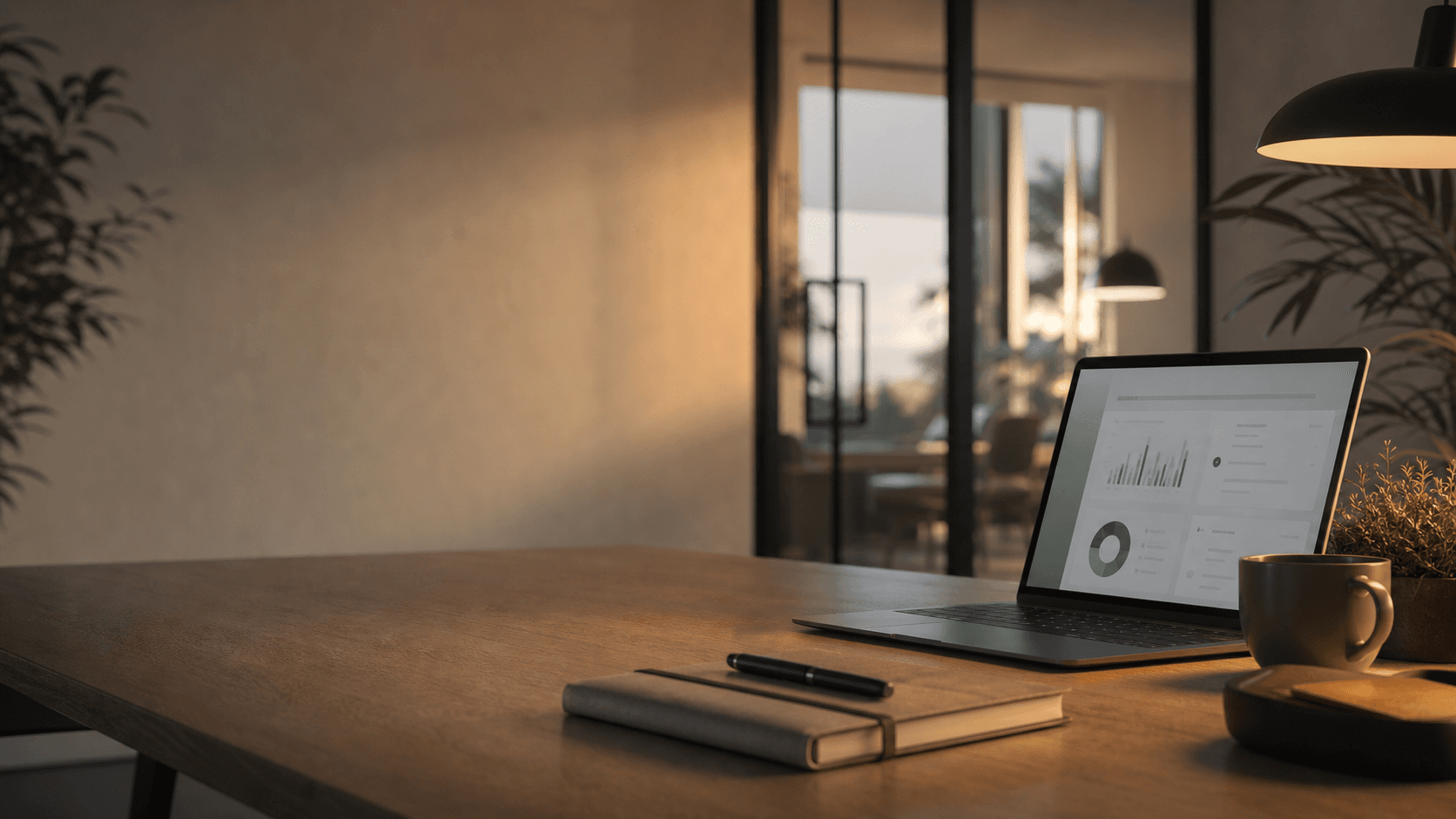 Warm office workspace with a secure operations dashboard