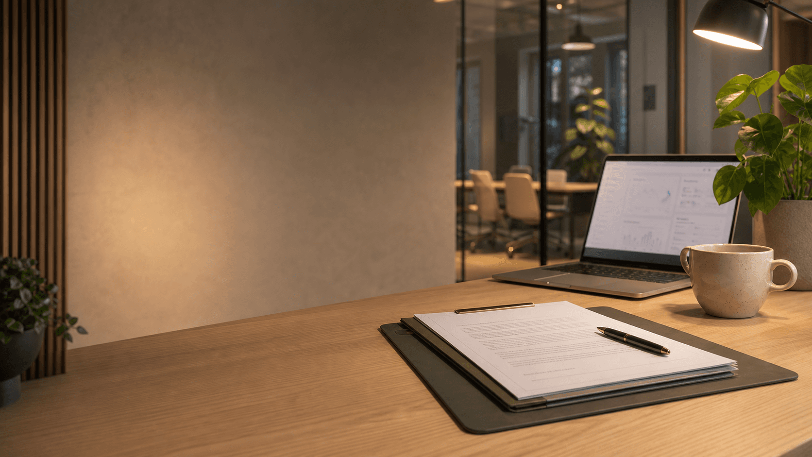 Warm office workspace with service agreement documents