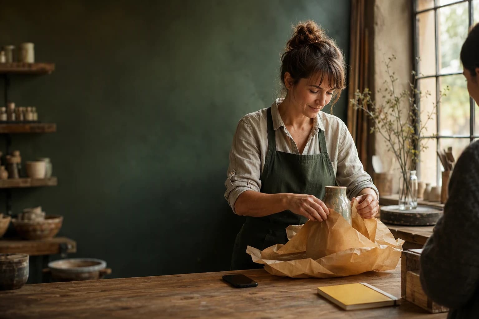 A small-business owner wrapping a ceramic vase for a customer in her workshop.