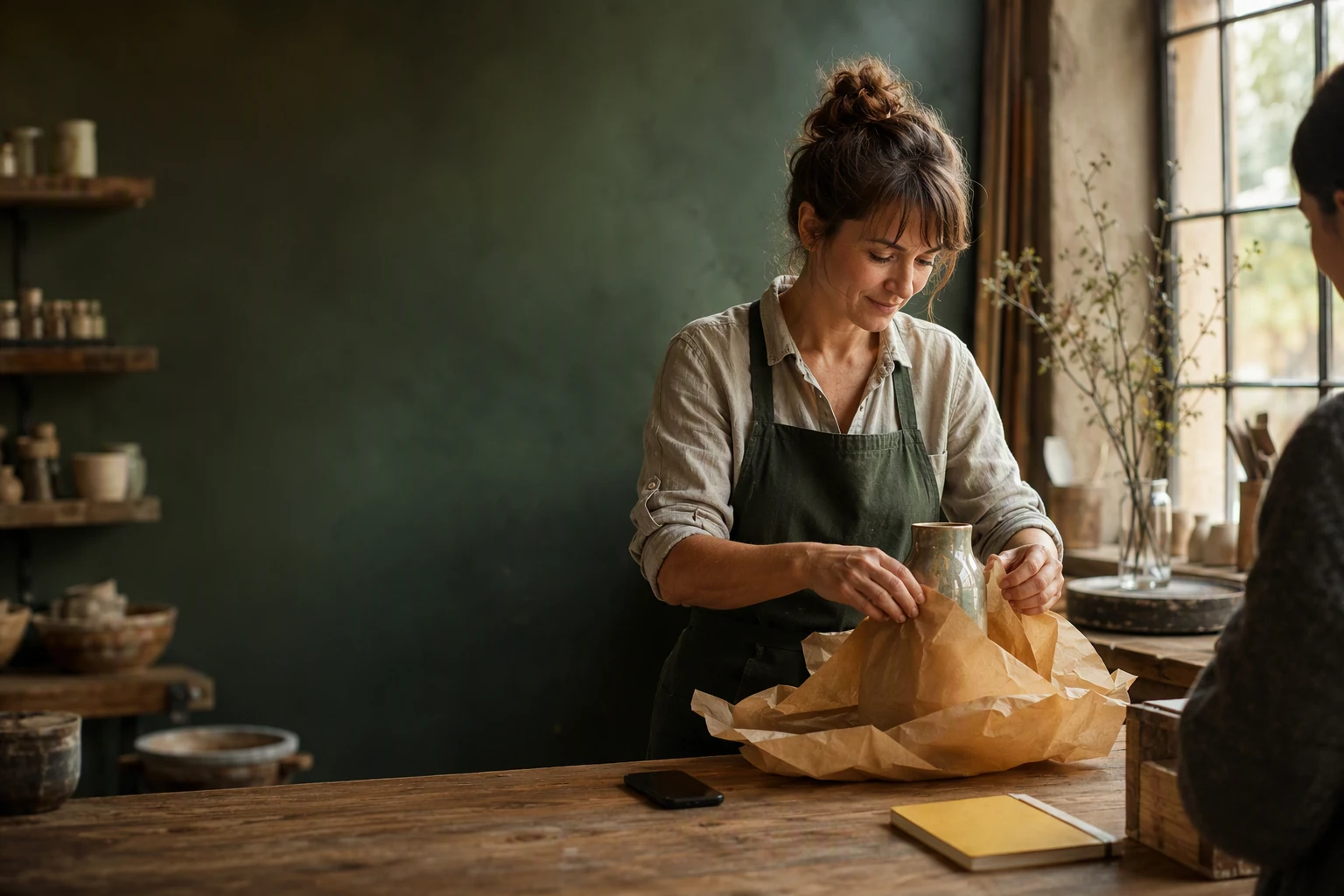Business owner preparing a ceramic order in her workshop