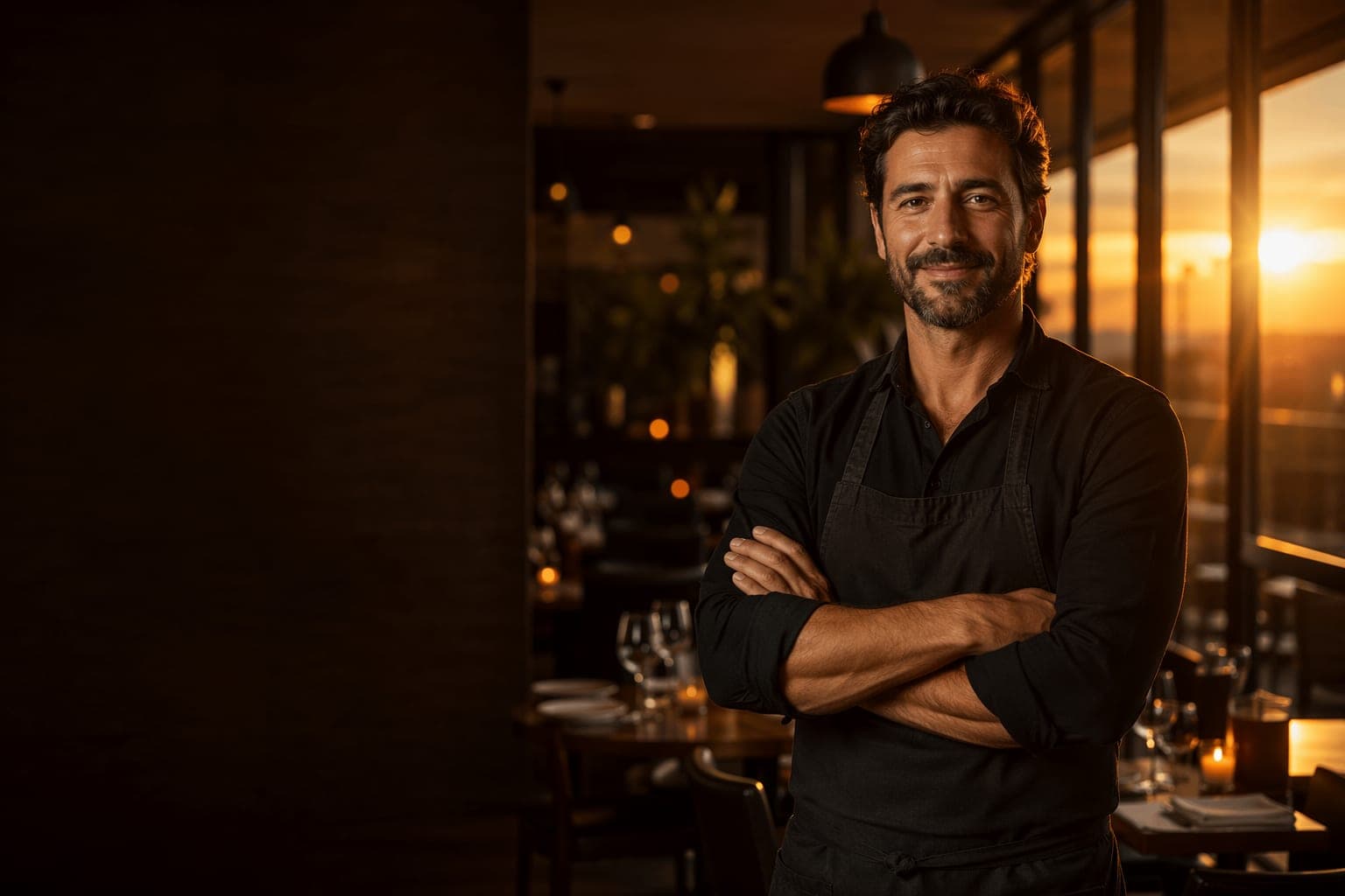 Restaurant host at golden hour while Skaala answers reservation calls