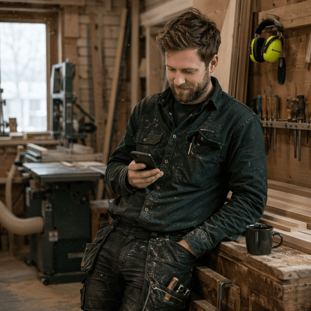En snickare på rast som sms:ar en instruktion till sin AI-agent från mobilen