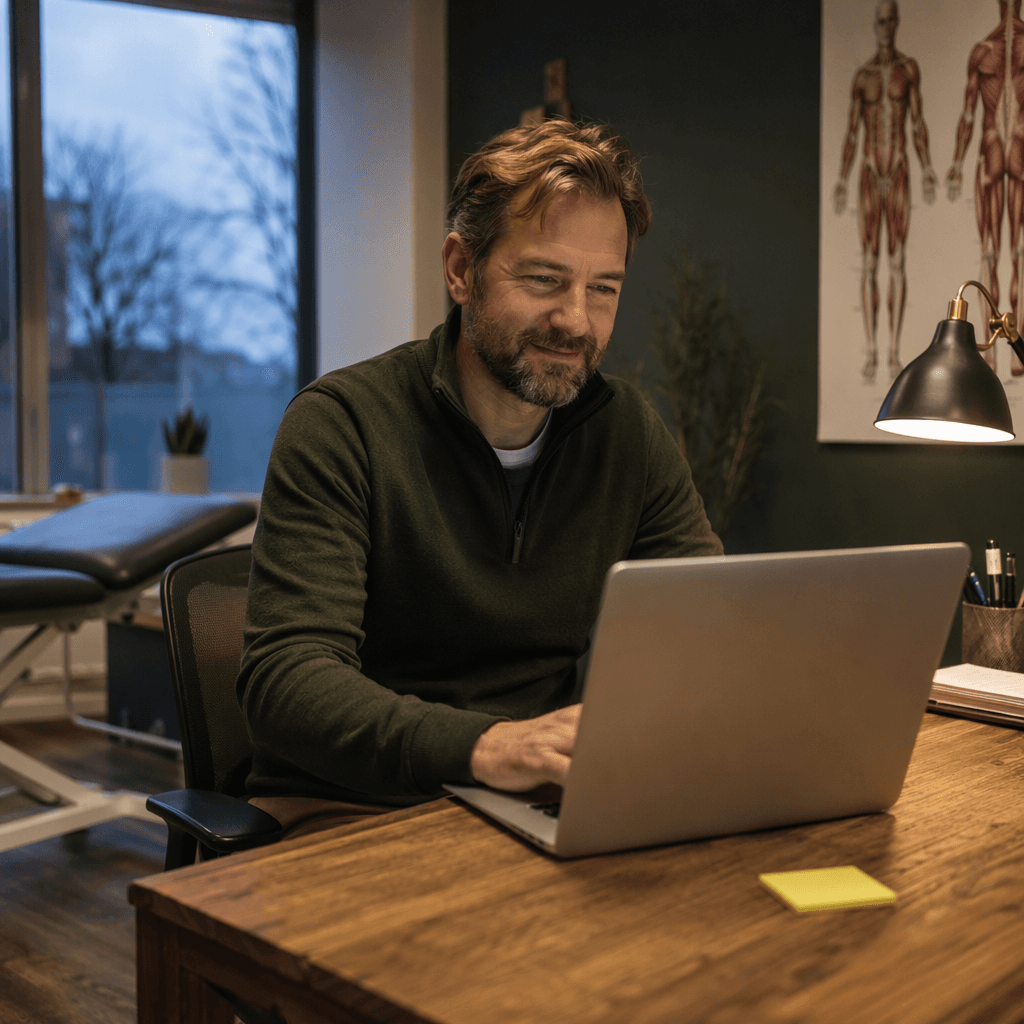 Klinikkeier smiler når en tilbakevendende kundes navn dukker opp på laptopen under en samtale