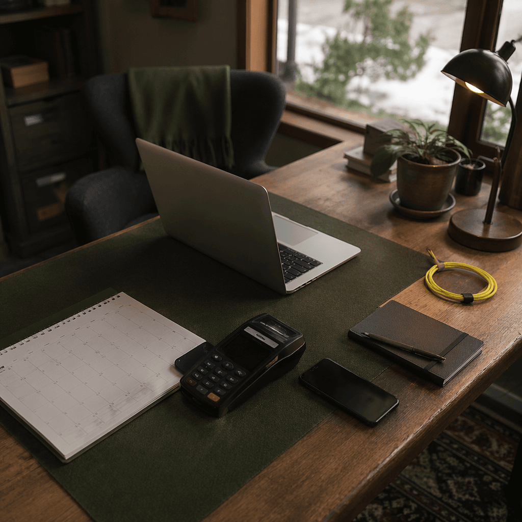 Desk flat-lay: laptop, calendar, card terminal, and phone in a row — the tools Skaala connects