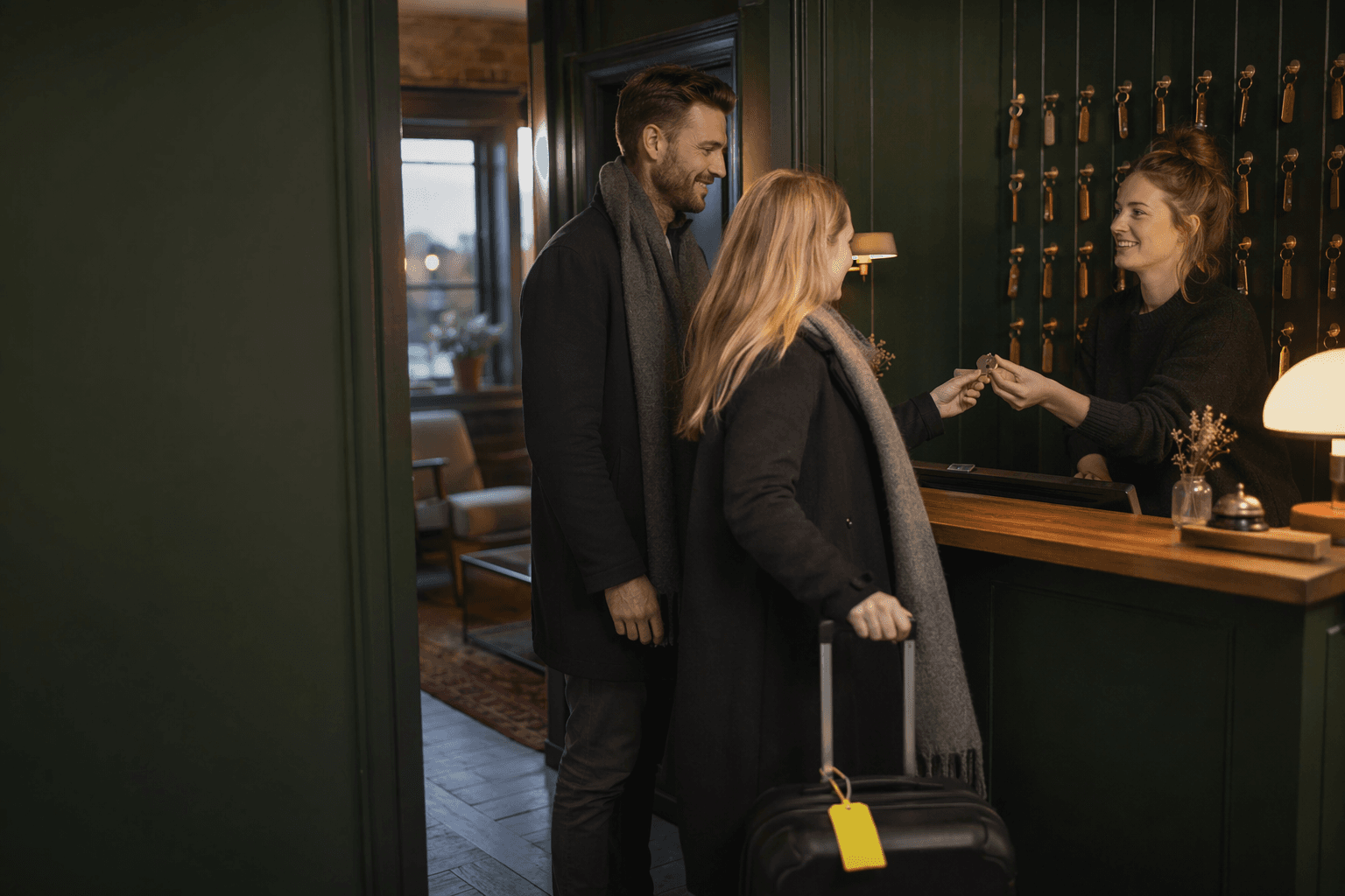 Boutique-hotel host handing a guest their room key in a warm-lit lobby