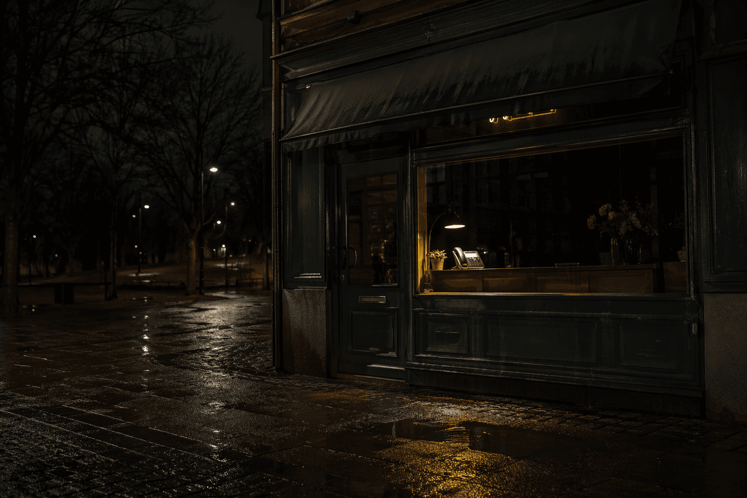 Closed shop at night with one warm light in the window — Skaala covers the calls that come in at 2:14 AM