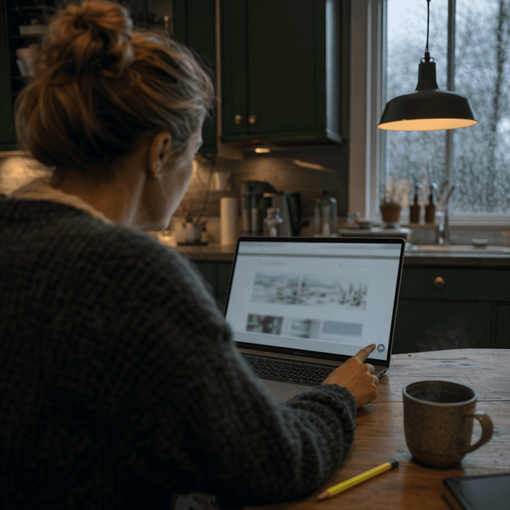 Webbesökare i soffan på kvällen, på väg att trycka på chattbubblan på en företagssida
