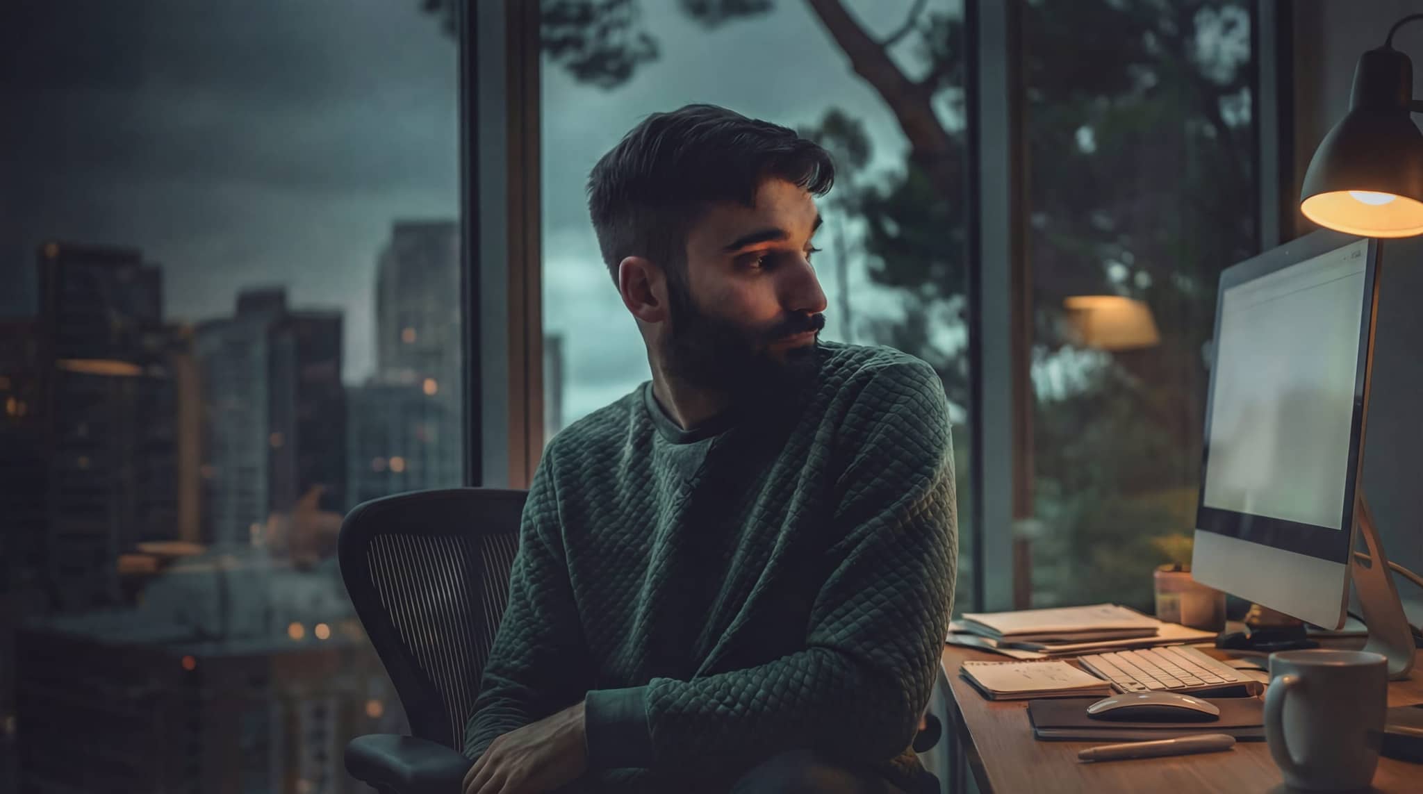 Business owner reviewing AI setup at their desk
