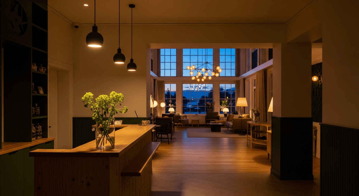 Quiet reception of a Nordic boutique hotel — phones forwarded to Skaala