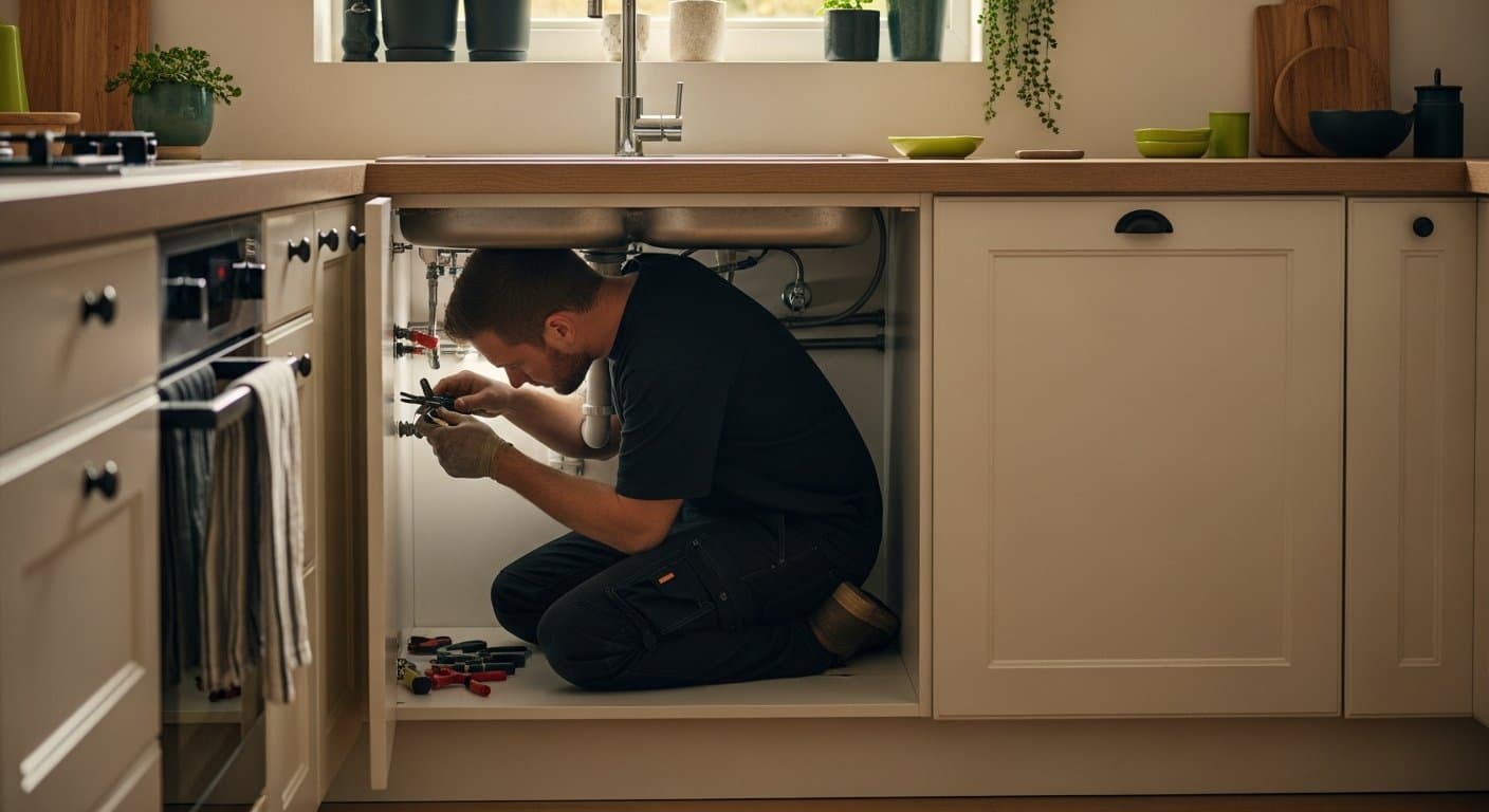 Professional tradesperson working in a modern Nordic home